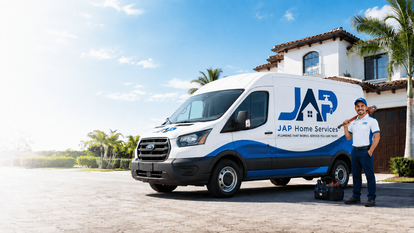 J.A.P. Home Services plumber and branded service van outside a home